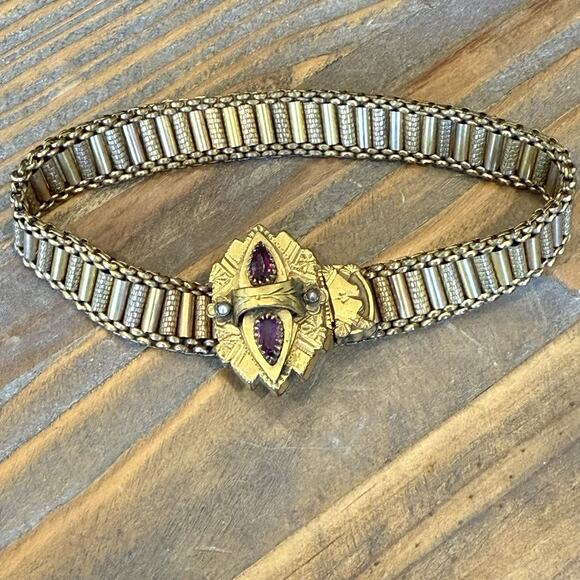 Antique Victorian Gold Filled Mesh Slide Bracelet Amethyst Glass Seed Pearl 1882 - Picture 5 of 13